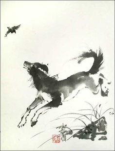 Chinese style illustration of a dog chasing a bird