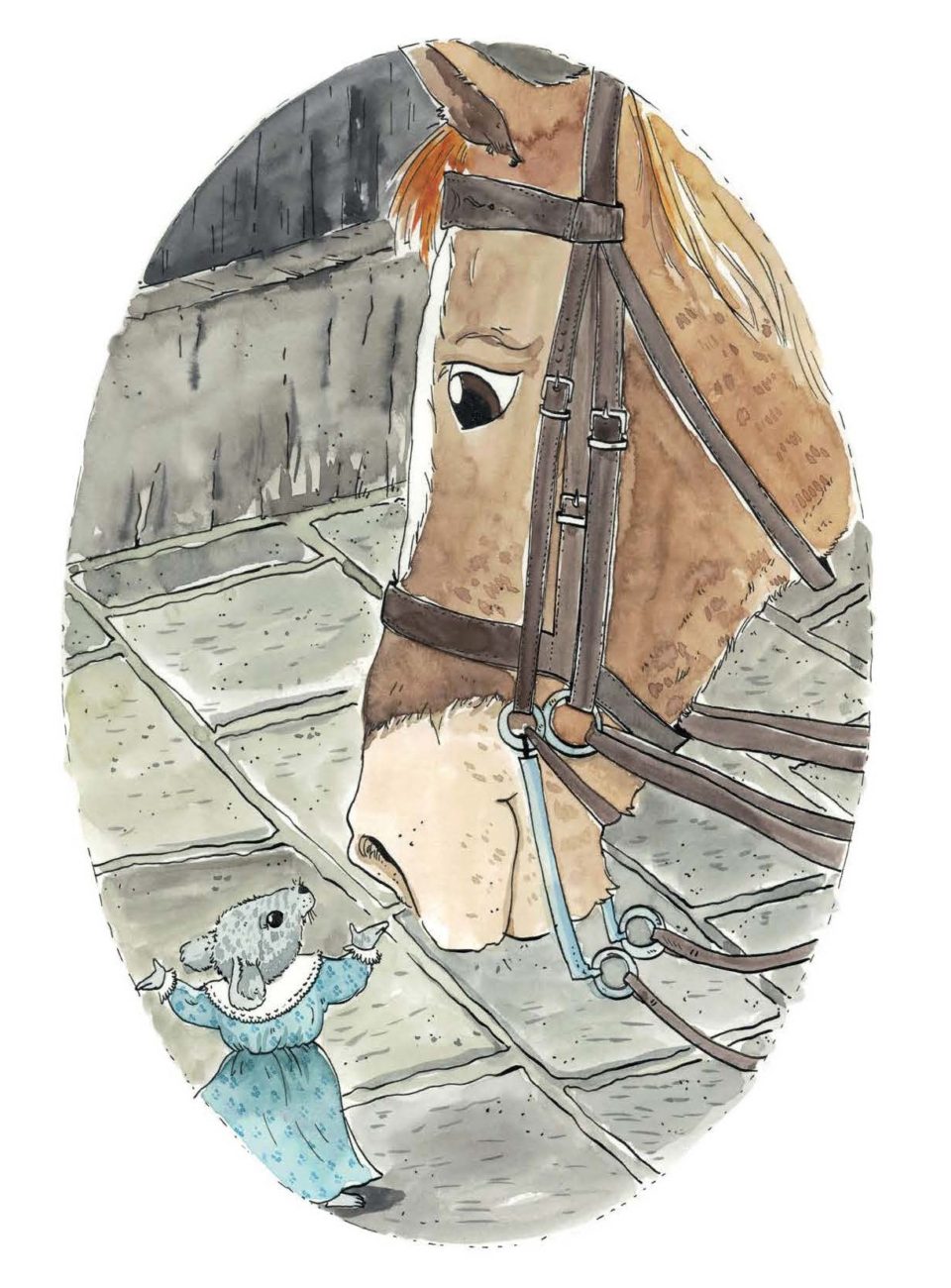 Victoria, a small grey mouse, wears a blue dress and meets Gerald the brown horse. This picture will be shown at the Moon Lane CPID Festival