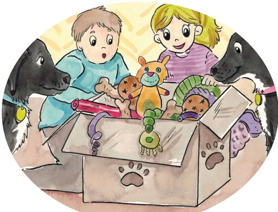 Drawing of children opening a box of toys