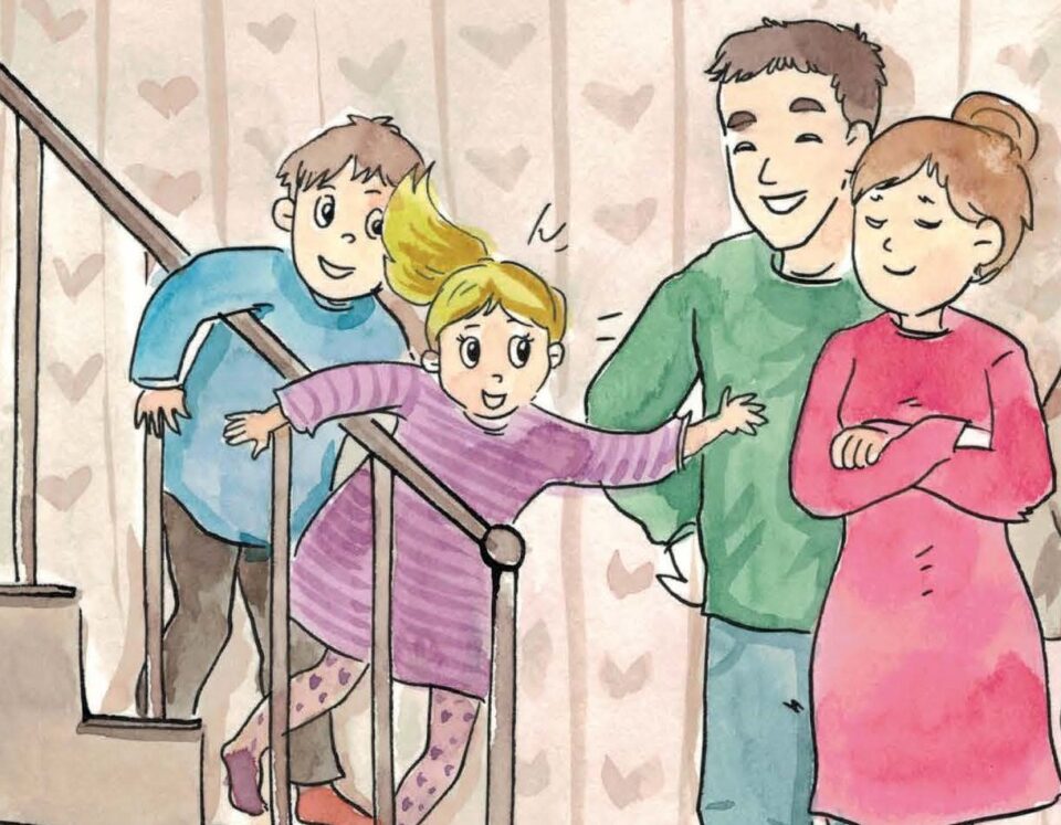 A drawing of children running down the stairs