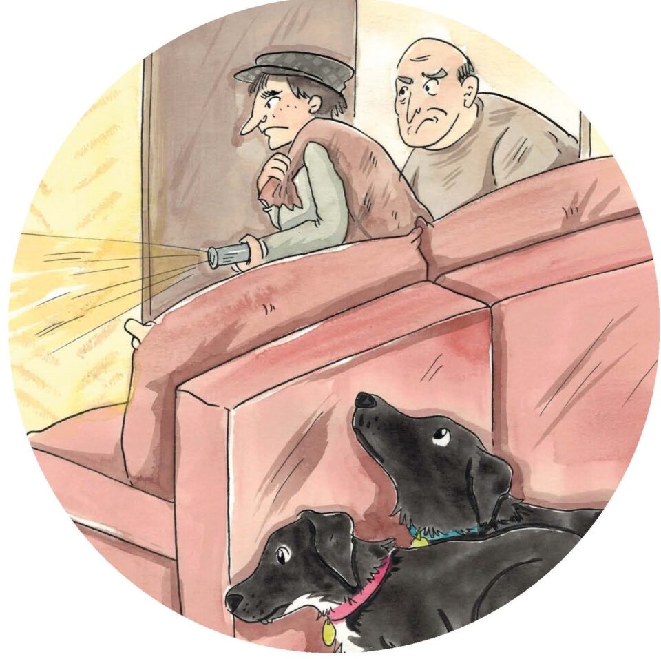 A painted picture of two burglars and two dogs hiding behind the sofa. The room is light.