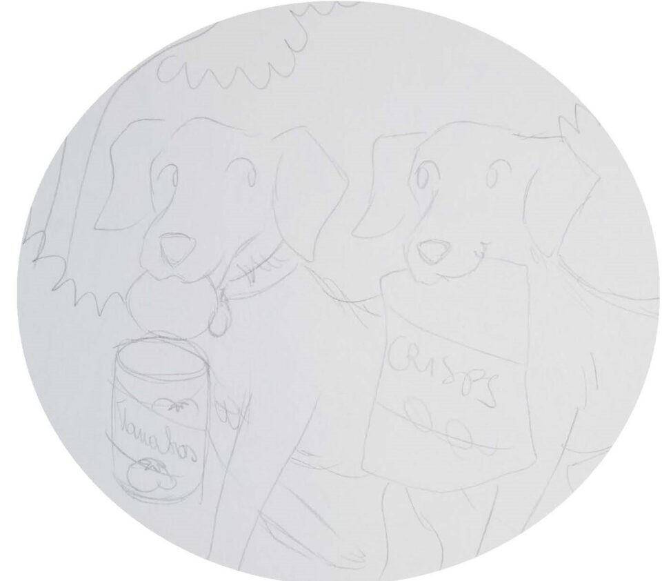 A pencil sketch of two dogs. One is carrying a tin can by the lid.
