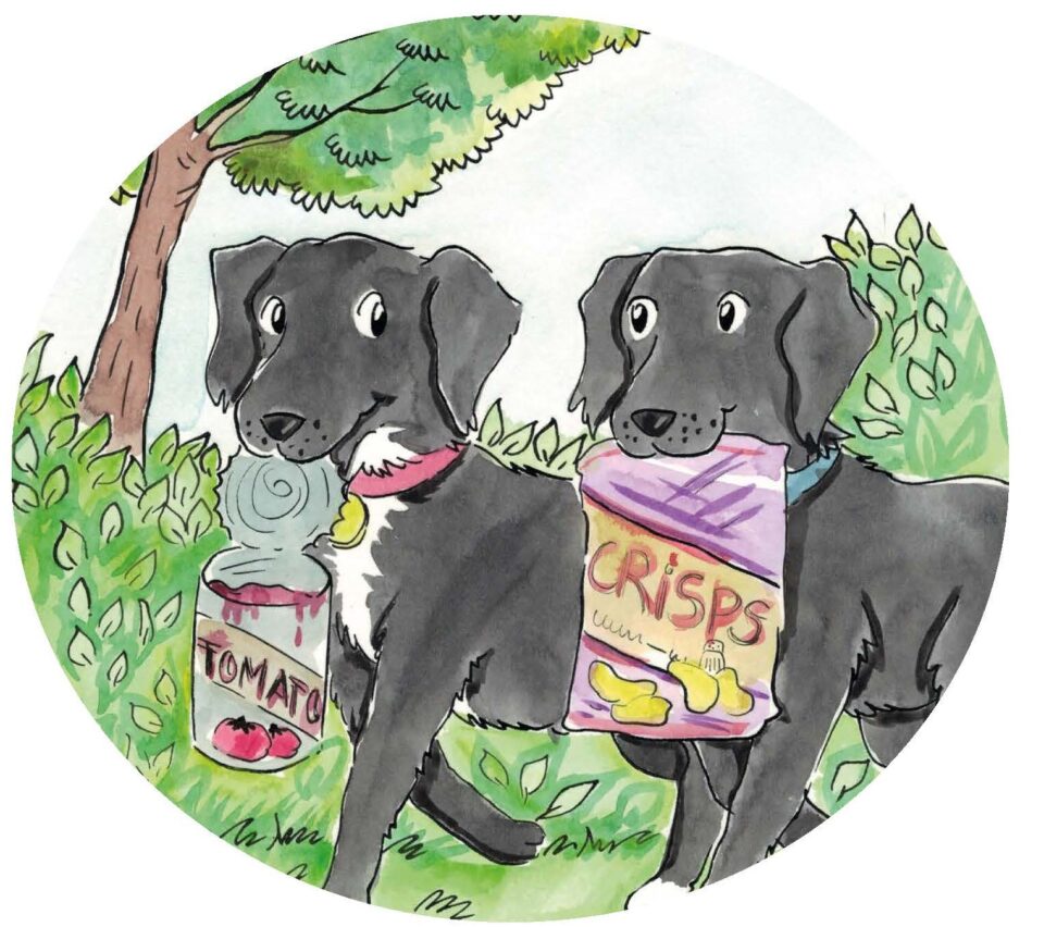 A painted picture of two dogs.  One carrying a tin by it's lid