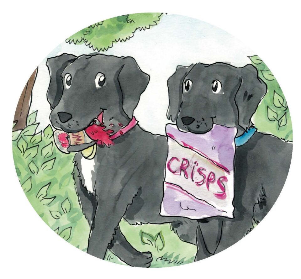 The final version of the painted picture of two dogs.  One is carrying a tin on it's side rather than holding the lid.